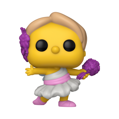 Figura colecionável Funko Pop amarelo com cabelo louro e cachos de uva roxos