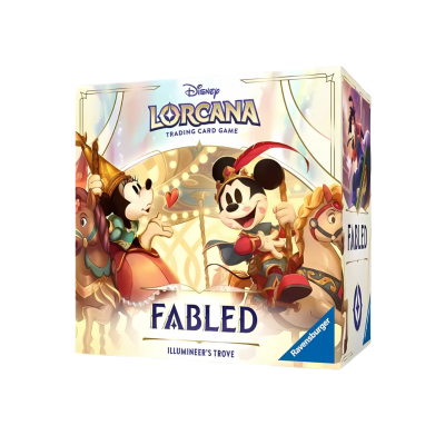 Caixa do jogo de cartas Disney Lorcana Fabled com ilustração de personagens em carrossel