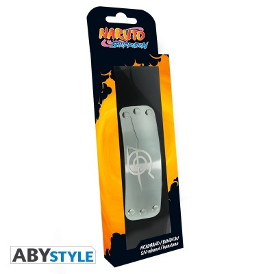 Bandana metálica prateada Naruto Shippuden em embalagem preta e amarela