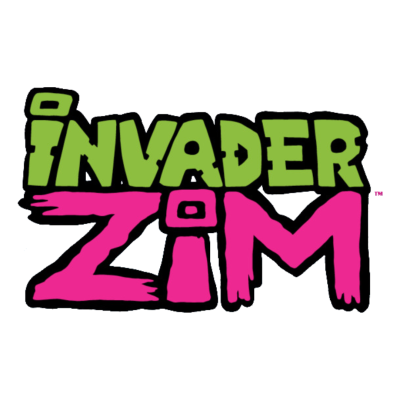 Logótipo com texto INVADER ZIM em verde e rosa com contorno preto.