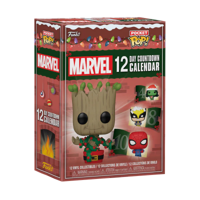 Caixa de calendário contagem decrescente 12 dias Marvel Funko Pocket Pop com figura Groot e decorações natalícias