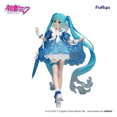 Figura colecionável de Hatsune Miku vestida de azul e branco com guarda-chuva azul