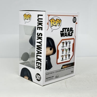 Caixa Funko Pop! Luke Skywalker Star Wars número 501 com janela e textos visíveis