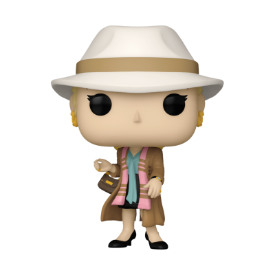 Figura colecionável Funko Pop feminina com chapéu branco e cachecol rosa e azul