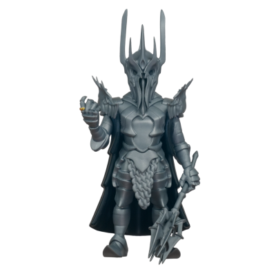 Figura colecionável de Sauron com armadura cinzenta e capa preta