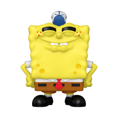 Boneco do personagem Bob Esponja com chapéu branco e azul