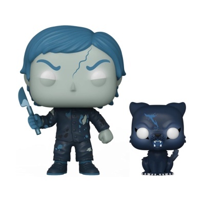 Duas figuras POP! vinil, uma personagem azul e preta com arma e um animal preto