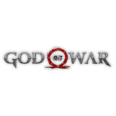 Logótipo do videojogo God of War com letras metálicas cinzentas e símbolo vermelho