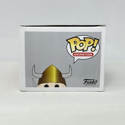Caixa branca de Funko Pop! Animation com personagem de capacete dourado com chifres