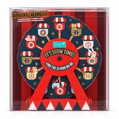 Calendário de advento em forma de roda gigante com carrinhos numerados e desenhos de animais