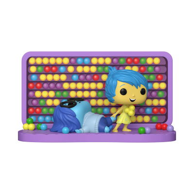 Figura colecionável de personagens animadas com painel colorido de bolhas atrás