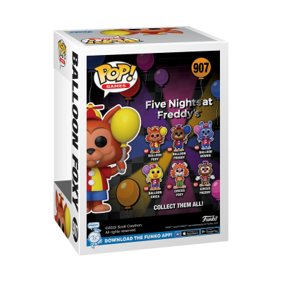Embalagem de Funko Pop! Five Nights at Freddy's Balloon Foxy com boneco segurando balão amarelo