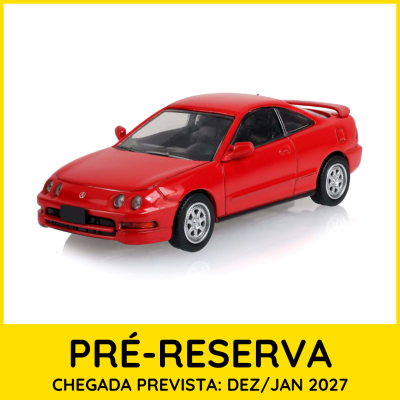 Modelo de carro desportivo vermelho com spoiler sobre fundo branco e texto amarelo de pré-reserva