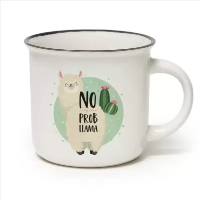 Caneca branca com ilustração de lhama e texto NO PROB LLAMA.