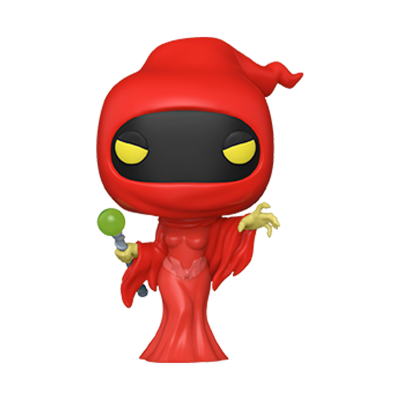 Figura colecionável com capuz vermelho, olhos amarelos, vestido vermelho e bastão verde