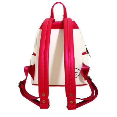 Mochila branca com alças vermelhas acolchoadas vista de trás