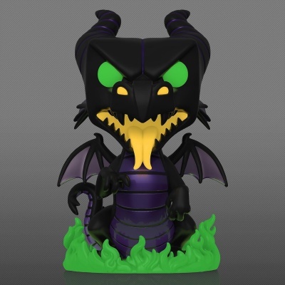 Figura colecionável de dragão preto e roxo com chamas verdes na base