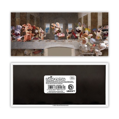 Imã retangular colorido dos Rabbids em paródia da Última Ceia, com etiqueta UBISOFT no verso.