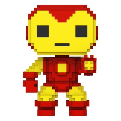 Figura pixel art do Homem de Ferro em vermelho e amarelo com olhos pretos e círculo no peito