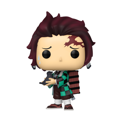 Boneco Funko Pop de personagem com quimono verde e preto e mochila vermelha.