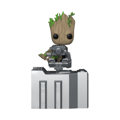 Boneco Funko Pop do Groot sentado numa base metálica prateada