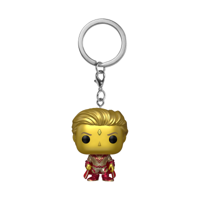 Chaveiro Funko Pop dourado e vermelho de personagem com olhos grandes