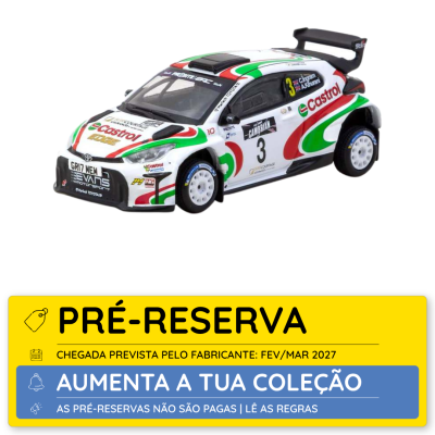 Miniatura de carro de rali branco com detalhes verdes e vermelhos e etiqueta de pré-reserva amarela.