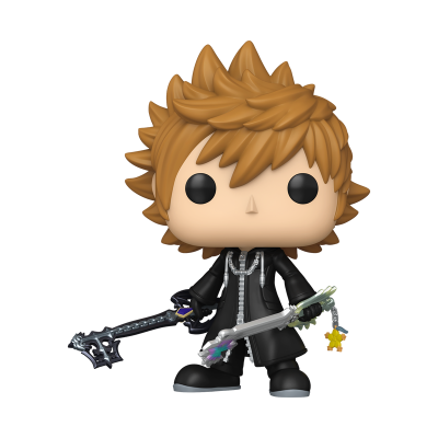 Figura Funko Pop com cabelo castanho, casaco preto e armas