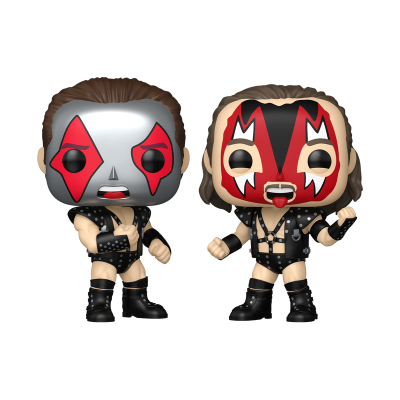 Duas figuras Funko Pop com máscaras vermelhas e pretas e roupas pretas com tachas em pose de luta.
