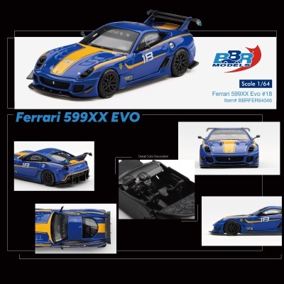 Miniatura de carro de corrida Ferrari 599XX Evo azul e amarelo em escala 1/64