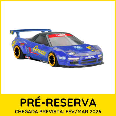 Carro de corrida em miniatura azul com detalhes amarelos e pretos em fundo branco e moldura amarela.