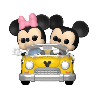 Figuras de vinil estilo Funko Pop de Mickey e Minnie Mouse num carro amarelo
