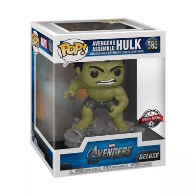 Figura de vinil Funko Pop! do Hulk dos Avengers Assemble em caixa de embalagem com texto e selo especial