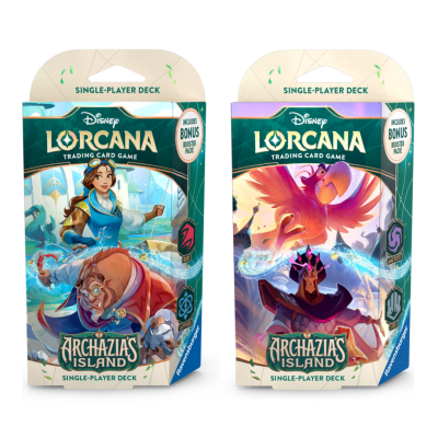 Embalagens de dois baralhos Disney Lorcana Archazias Island com ilustrações coloridas e indicação de conteúdo bônus.