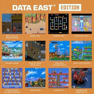 Capturas de ecrã de doze jogos vintage labeled DATA EAST EDITION sobre fundo laranja