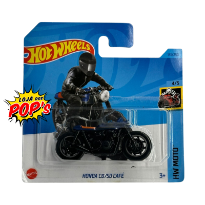 Miniatura de mota Hot Wheels Honda CB750 CAFÉ em embalagem azul
