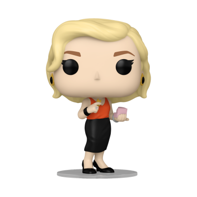 Figura Funko Pop de mulher loira segurando cartão e telemóvel