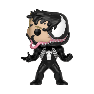 Figurinha Funko Pop do Venom com corpo preto e detalhes brancos, língua rosa e cabelo preto despenteado