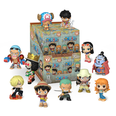 Figuras vinil colecionáveis ONE PIECE em volta de caixas ilustradas