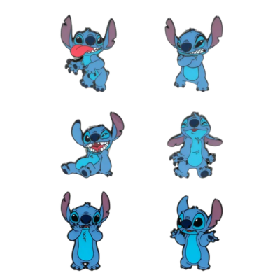 Seis pins do personagem Stitch em várias poses e expressões