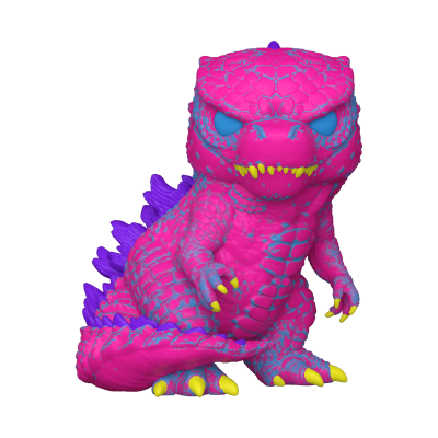 Figura colecionável estilo Godzilla em rosa, azul e roxo com textura escamosa