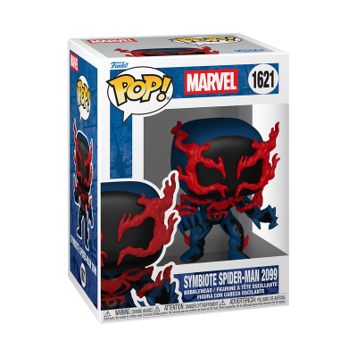Funko Pop Symbiote Spider-Man 2099 da Marvel em caixa azul e branca, figura com detalhes vermelhos, pretos e azuis.