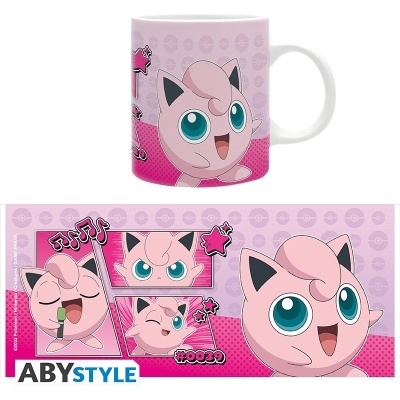 Caneca branca com imagem da personagem Jigglypuff da Pokémon em fundo cor-de-rosa