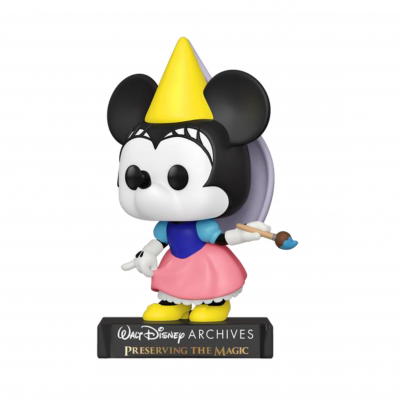 Figurina Funko Pop de Minnie Mouse com chapéu amarelo e vestido colorido