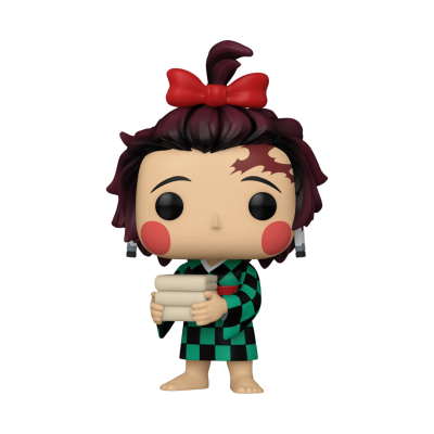 Funko Pop com cabelo castanho, laço vermelho e camisa xadrez verde e preto segurando rolos de papel