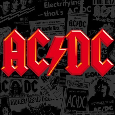 Logo grande AC/DC vermelho sobre fundo de cartazes e fotos da banda AC/DC em preto e branco