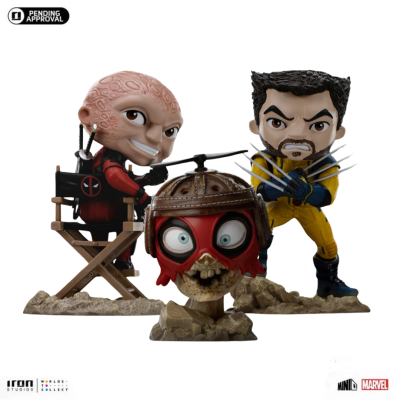 Miniaturas de personagens da Marvel com Deadpool e Wolverine