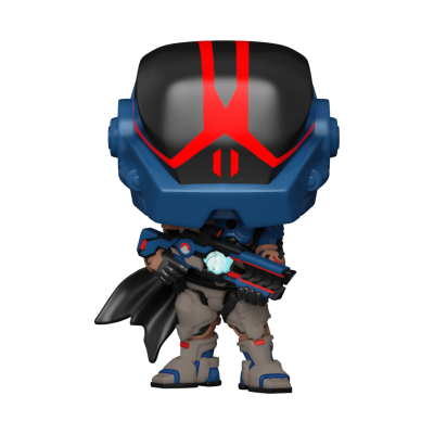 Figura colecionável estilo Funko Pop de personagem com capacete preto e vermelho e armadura azul
