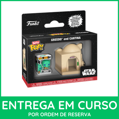 Conjunto Funko Bitty Pop! Greedo e Cantina em embalagem preta com estrelas, texto STAR WARS