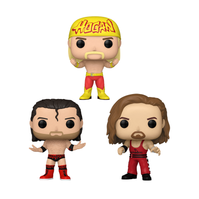 Três figuras colecionáveis de lutadores de wrestling Funko Pop em fundo preto